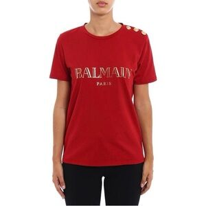 Balmain Red Button-Detail Women's Top Short Sleeve Size 36 Cotton Light Designer
